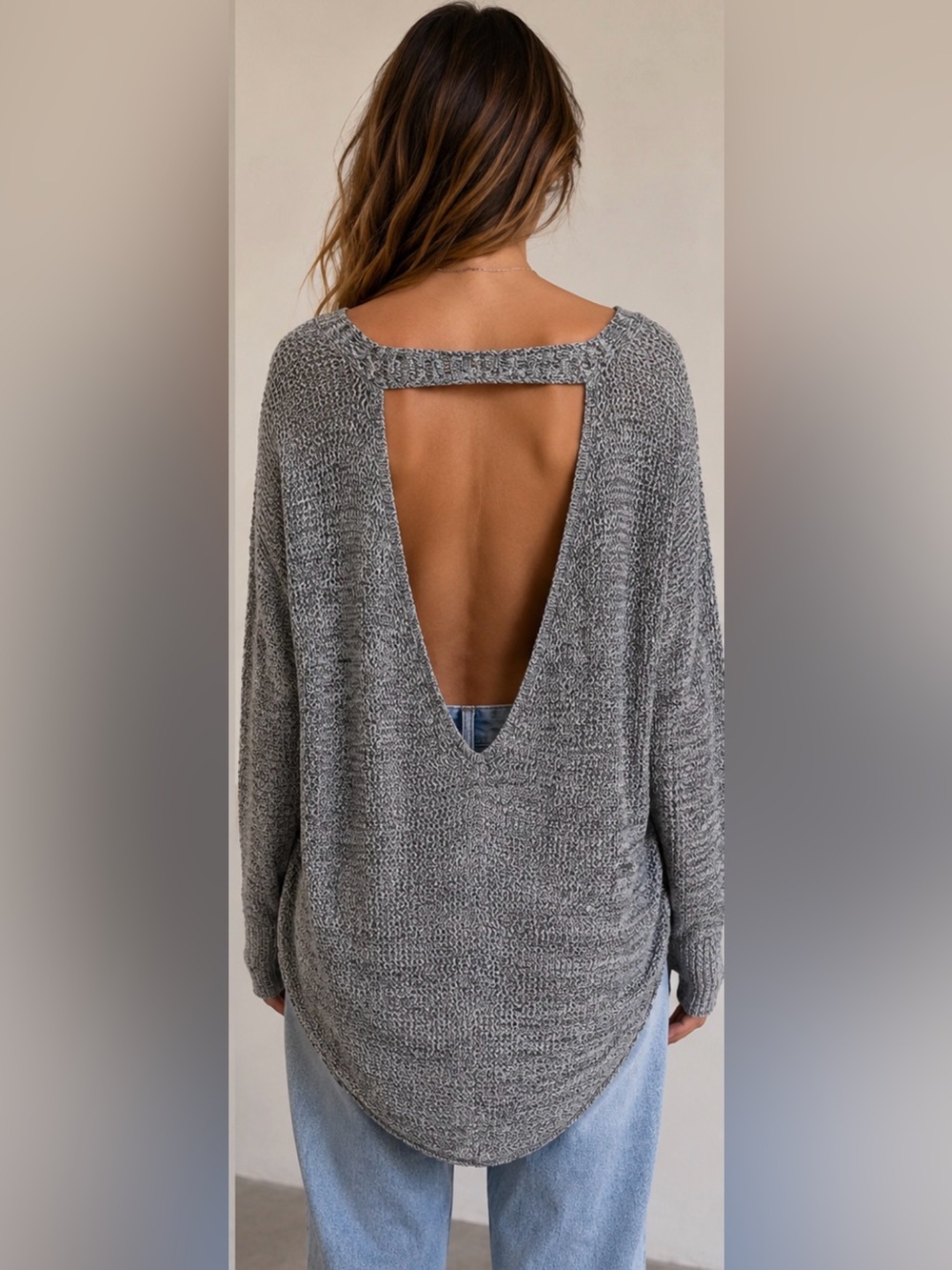 LF Millau Gray Marled High Low Open Back Oversized Knit Sweater M